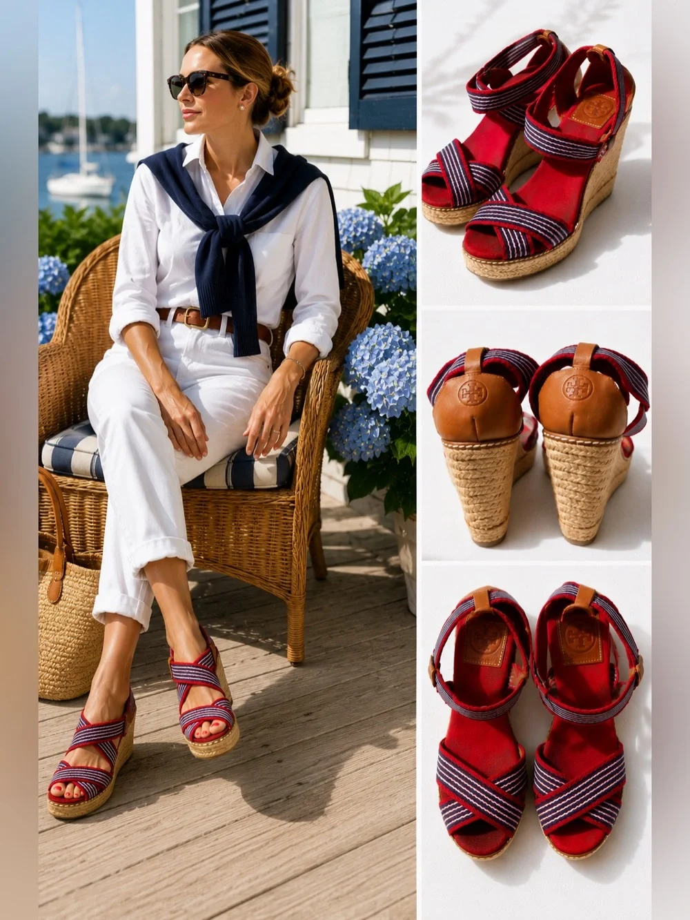 Tory Burch Red Navy Stripe Espadrille Wedge Sandals Size 8 Nautical Americana
